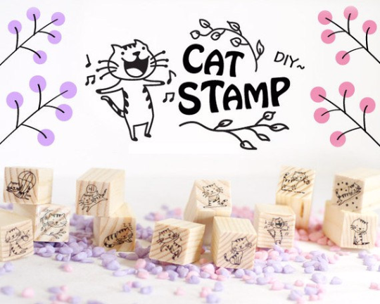 Cat Stamps Set / Cute Wooden Kitten Stamps Set / Planner Stamps 12 pieces - CharmTape - 2