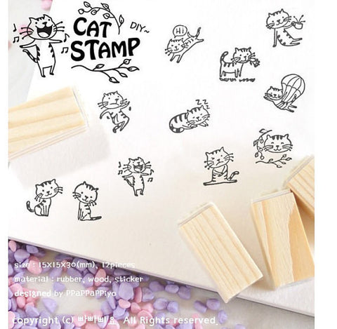 Cat Stamps Set / Cute Wooden Kitten Stamps Set / Planner Stamps 12 pieces - CharmTape - 1