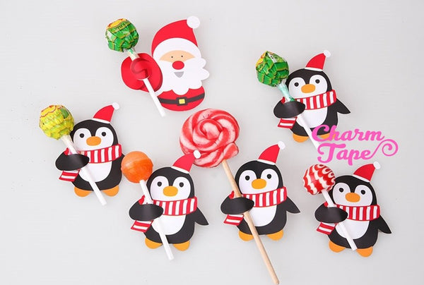 Christmas Lollipop / Pencil Holder - Small Gift - Class Gift - Party Favor - Festive Gift 48-50 Lollipop Covers - Santa Claus & Penguin