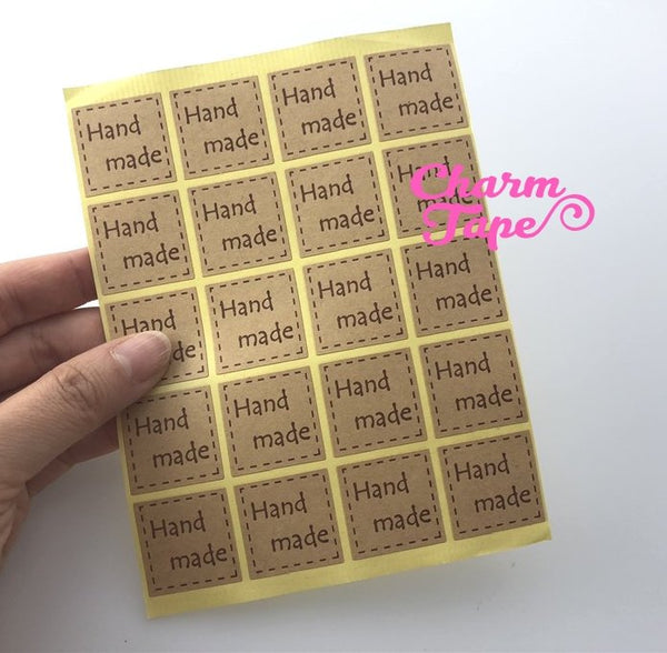 100/200ct "hand made" 2.5x2.5 Kraft Paper Stickers For Gift Packing Packaging 5/10 sheets GS032