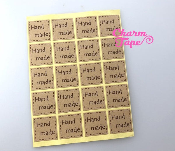 100/200ct "hand made" 2.5x2.5 Kraft Paper Stickers For Gift Packing Packaging 5/10 sheets GS032