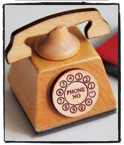 Hand Dial Telephone Wood mounted Rubber Stamp with free ink pad