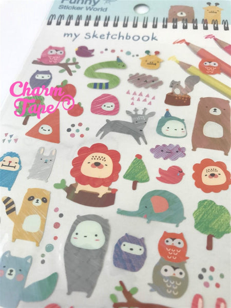 Sketchbook Animals plastic stickers by Funny Korea - 1 Sheets SS256