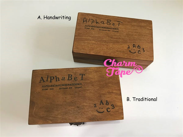 Alphabet Stamps set Uppercase,  Lowercase & Numbers 1 wooden box 70 pieces (Handwriting or Traditional)