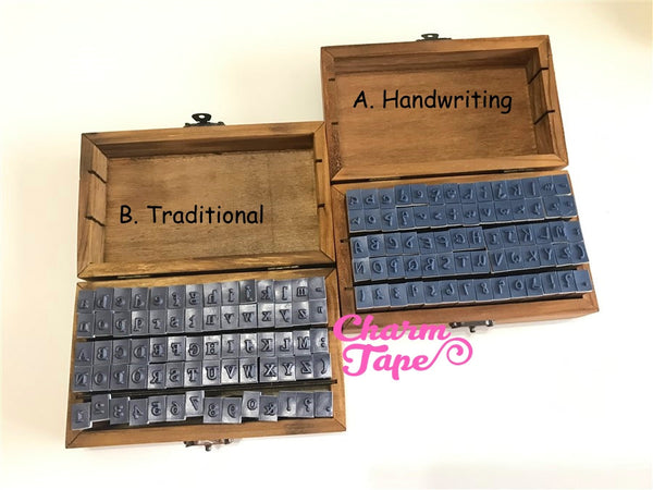 Alphabet Stamps set Uppercase,  Lowercase & Numbers 1 wooden box 70 pieces (Handwriting or Traditional)