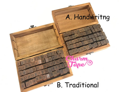 Alphabet Stamps set Uppercase,  Lowercase & Numbers 1 wooden box 70 pieces (Handwriting or Traditional)