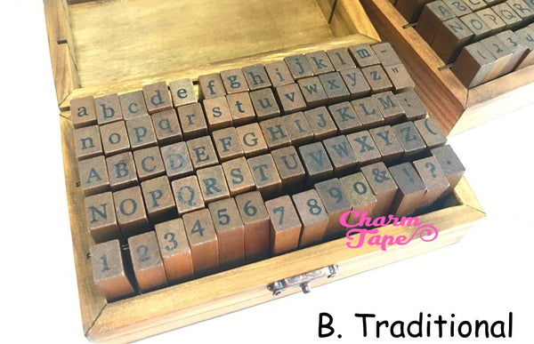 Alphabet Stamps set Uppercase,  Lowercase & Numbers 1 wooden box 70 pieces (Handwriting or Traditional)