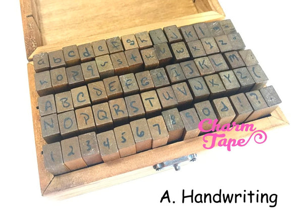 Alphabet Stamps set Uppercase,  Lowercase & Numbers 1 wooden box 70 pieces (Handwriting or Traditional)