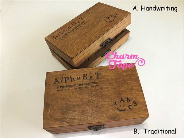 Alphabet Stamps set Uppercase,  Lowercase & Numbers 1 wooden box 70 pieces (Handwriting or Traditional)