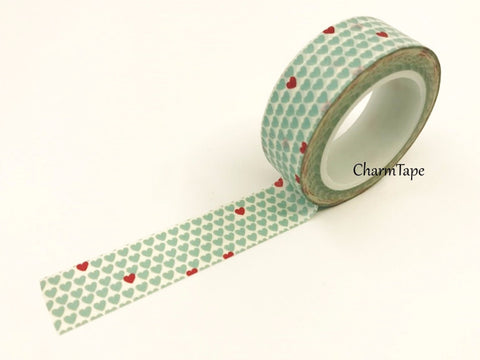 Aqua & Red Hearts Washi Tape 15mm x 10m WT68 - CharmTape - 1