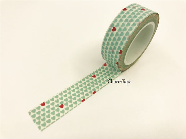 Aqua & Red Hearts Washi Tape 15mm x 10m WT68 - CharmTape - 2