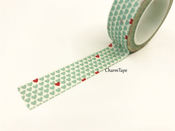 Aqua & Red Hearts Washi Tape 15mm x 10m WT68