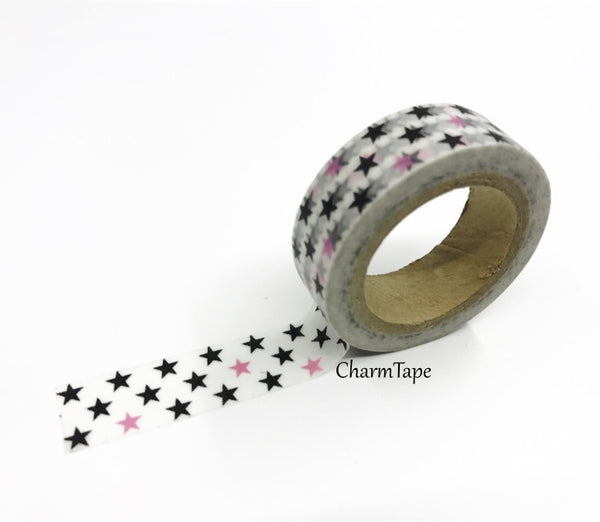 Black & Pink Stars Washi Masking Tape 1.5cm x 10 meters WT169 - CharmTape - 2