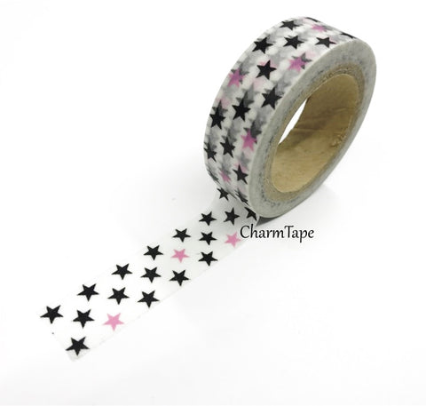 Black & Pink Stars Washi Masking Tape 1.5cm x 10 meters WT169 - CharmTape - 1