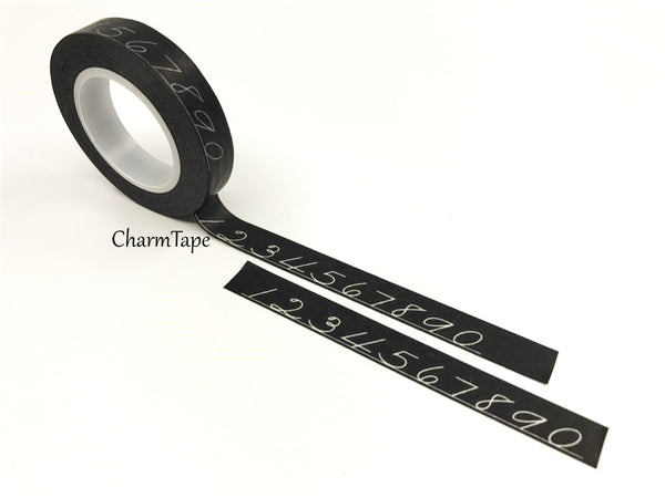 Chalk numbers on Black Washi Tape 10mm x 10meters WT306