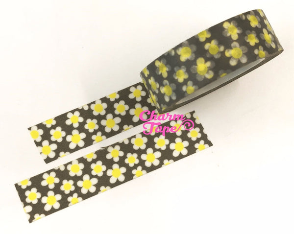 White daisy on grey Washi Tape 10m x 15mm WT353 - CharmTape - 1