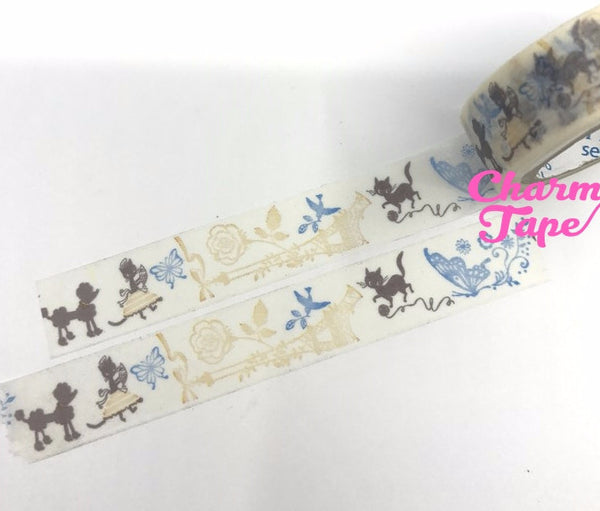 Poodle dog & Black cat Washi tape 15mm x 10 meters by Shinzi Katoh WT341 - CharmTape - 1