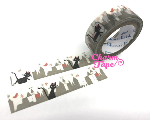 Black cat in city washi tape - 10 meters WT802 Shinzi Katoh - CharmTape - 4