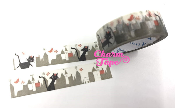 Black cat in city washi tape - 10 meters WT802 Shinzi Katoh