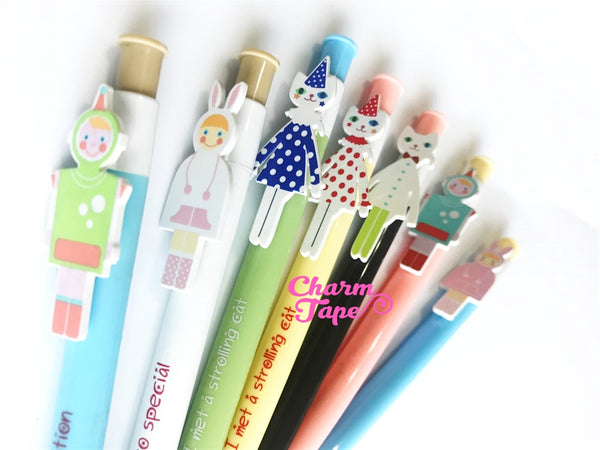 7 pieces Blue Ball Pens Cats & Costume Kids Clip Pen 0.5mm BP009