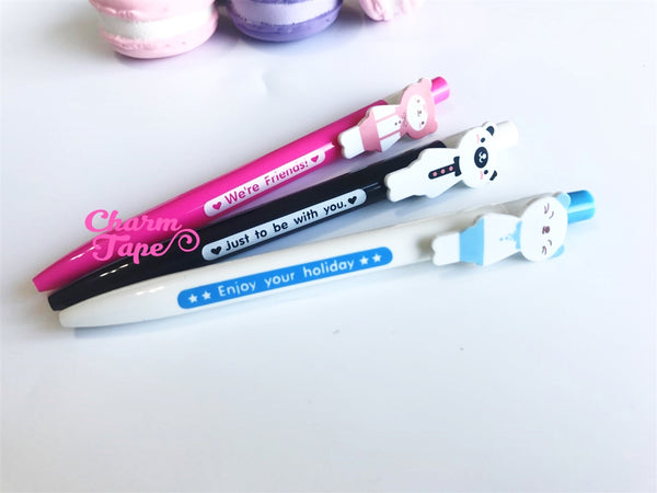 3 pieces Blue Ball Pens Cats & Bear Clip Pen 0.5mm BP011