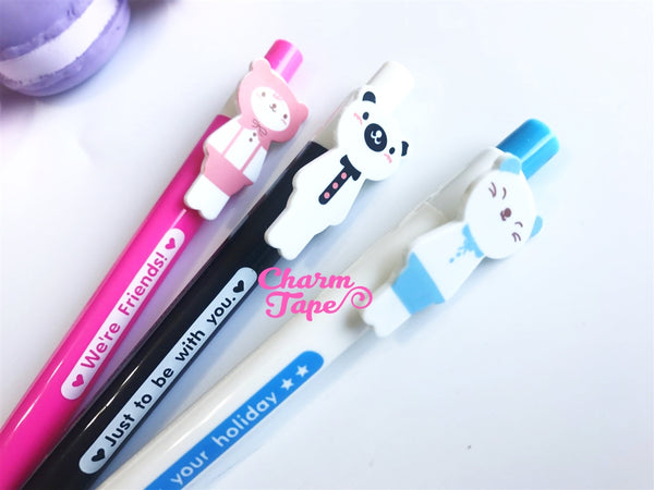 3 pieces Blue Ball Pens Cats & Bear Clip Pen 0.5mm BP011