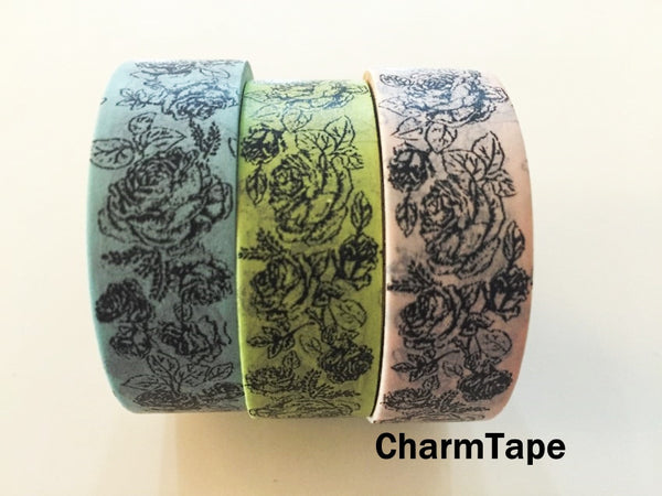 Botanic Rose Drawing Washi Tape 15mm x 10m  teal, pink, light green WT210 - CharmTape - 2