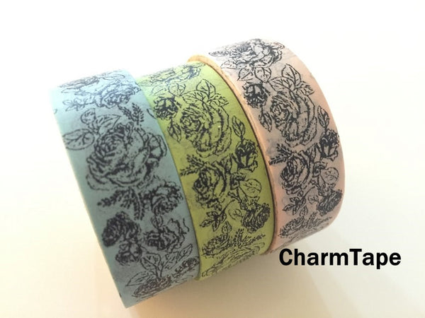 Botanic Rose Drawing Washi Tape 15mm x 10m  teal, pink, light green WT210 - CharmTape - 1