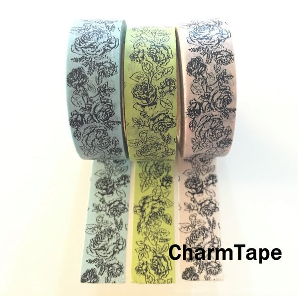 Botanic Rose Drawing Washi Tape 15mm x 10m  teal, pink, light green WT210 - CharmTape - 4