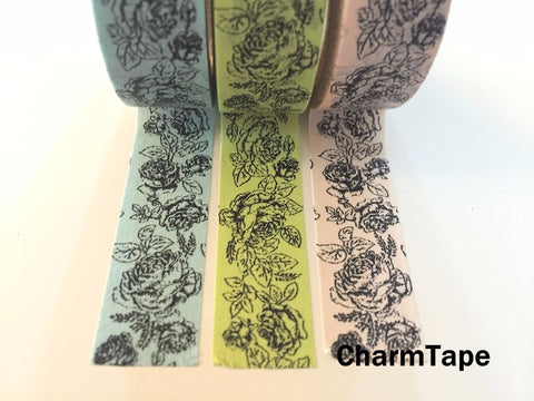 Botanic Rose Drawing Washi Tape 15mm x 10m  teal, pink, light green WT210 - CharmTape - 5