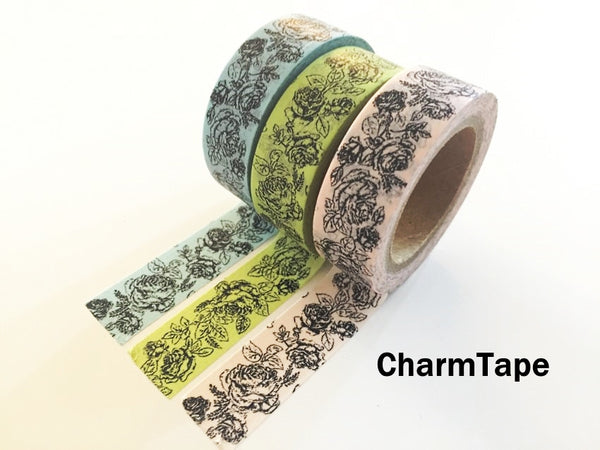 Botanic Rose Drawing Washi Tape 15mm x 10m  teal, pink, light green WT210 - CharmTape - 6