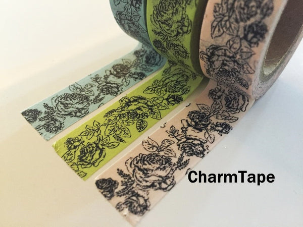 Botanic Rose Drawing Washi Tape 15mm x 10m  teal, pink, light green WT210 - CharmTape - 7