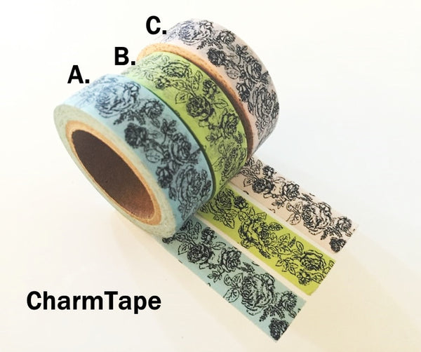 Botanic Rose Drawing Washi Tape 15mm x 10m  teal, pink, light green WT210 - CharmTape - 3