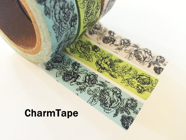 Botanic Rose Drawing Washi Tape 15mm x 10m  teal, pink, light green WT210 - CharmTape - 8