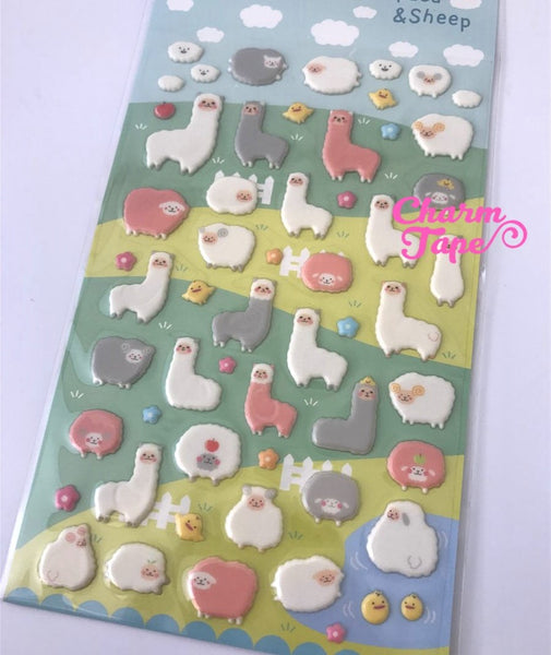 White Sheep & Alpaca Puffy Deco Sticker 1 Sheet by Funny Korea SS800