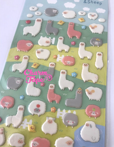 White Sheep & Alpaca Puffy Deco Sticker 1 Sheet by Funny Korea SS800