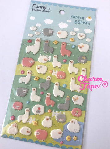 White Sheep & Alpaca Puffy Deco Sticker 1 Sheet by Funny Korea SS800