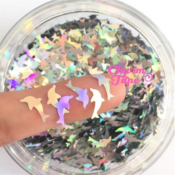 Holographic Dolphin Loose glitters, sea glitter 10mm UV resin, nail gel, acrylic nail, nail polish glitter, nail stamping