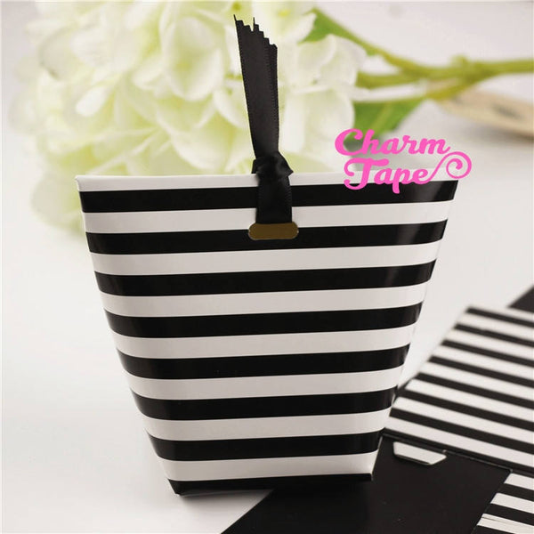 20 x Festive Black & White Stripes Simple Gift Box with Black Ribbon Packaging Party Favors 20 counts PB016