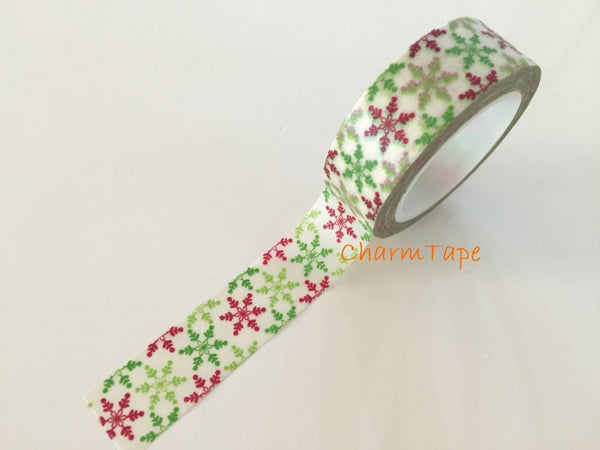 Festive Washi tape 15mm - Green & Red Snowflakes 10 meters WT737