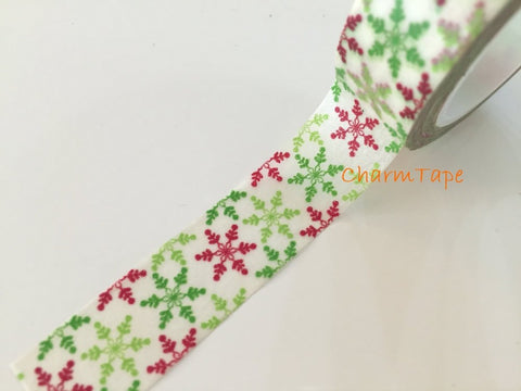 Festive Washi tape 15mm - Green & Red Snowflakes 10 meters WT737