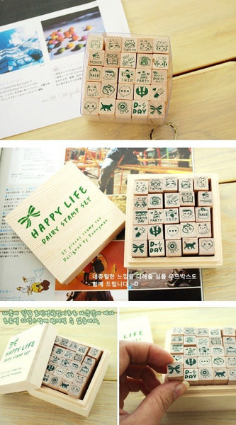 Happy Life Diary Cute Deco Stamp Set (1 wooden box, 25 stamps) - CharmTape - 3