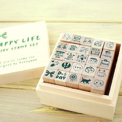 Happy Life Diary Cute Deco Stamp Set (1 wooden box, 25 stamps) - CharmTape - 1