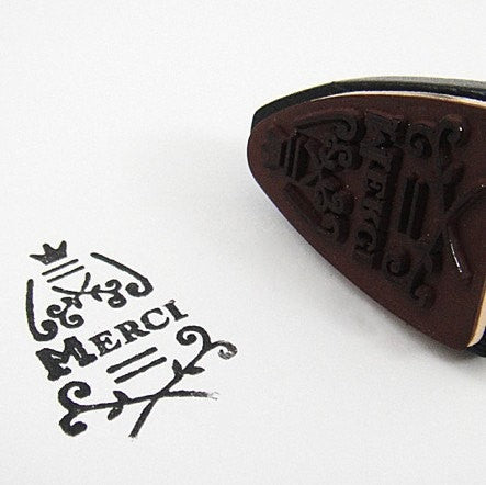 Iron wood mounted Rubber Stamp - Merci (vintage inspired) thank you - CharmTape - 2