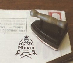 Iron wood mounted Rubber Stamp - Merci (vintage inspired) thank you - CharmTape - 3