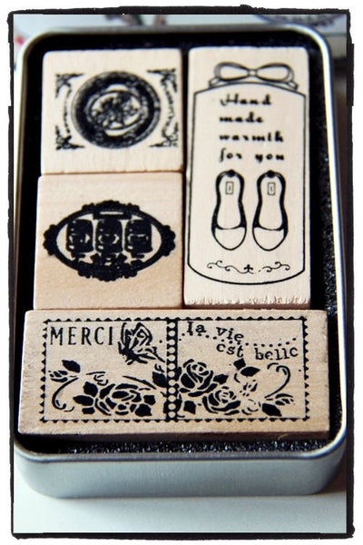 Vintage wood mounted Antique French theme Rubber Stamp 4 pieces in Tin Box - CharmTape - 2