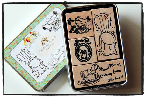 Vintage wood mounted Antique Rocking Horse Rubber Stamp 4 pieces in Tin Box - CharmTape - 1