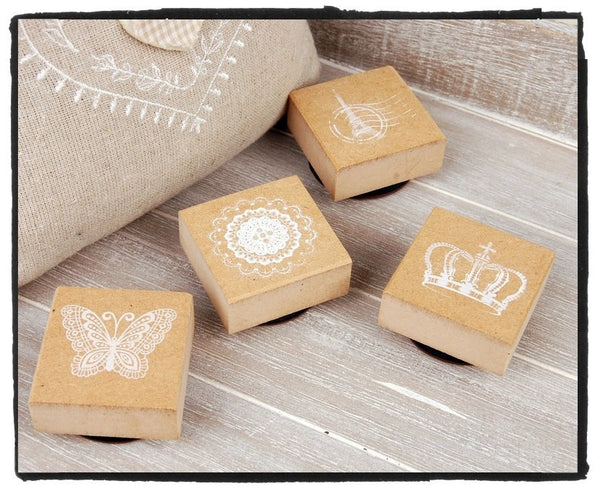 Wood mounted Rubber Stamp - Crowns, Eiffel towers, butterfly & lace illustration - CharmTape - 1