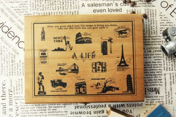 Wooden Cute Deco Rubber Stamp Set (1 wooden box, 21 stamps) eiffel towers, European holidays - CharmTape - 1