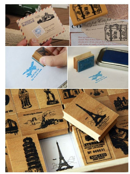 Wooden Cute Deco Rubber Stamp Set (1 wooden box, 21 stamps) eiffel towers, European holidays - CharmTape - 4